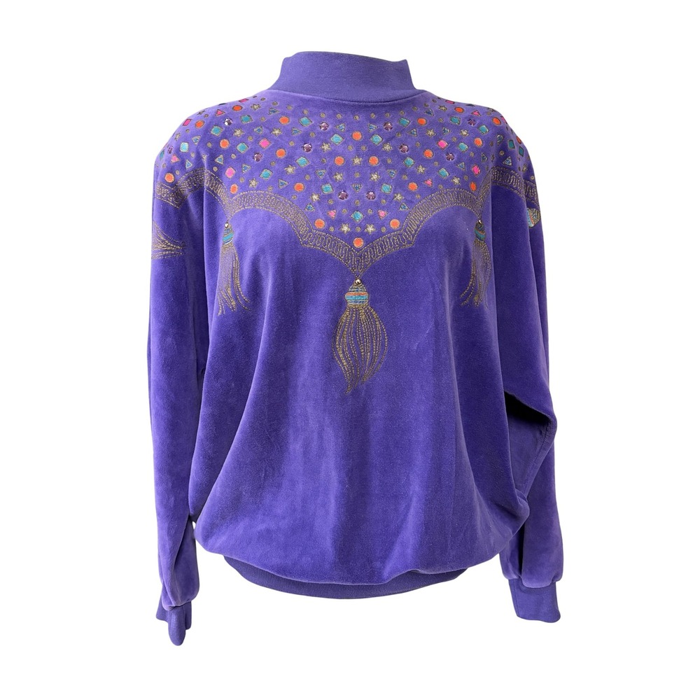 Vintage Rafael Womens Small Purple Velour Jewel Tassel 80s Pullover Sweater
